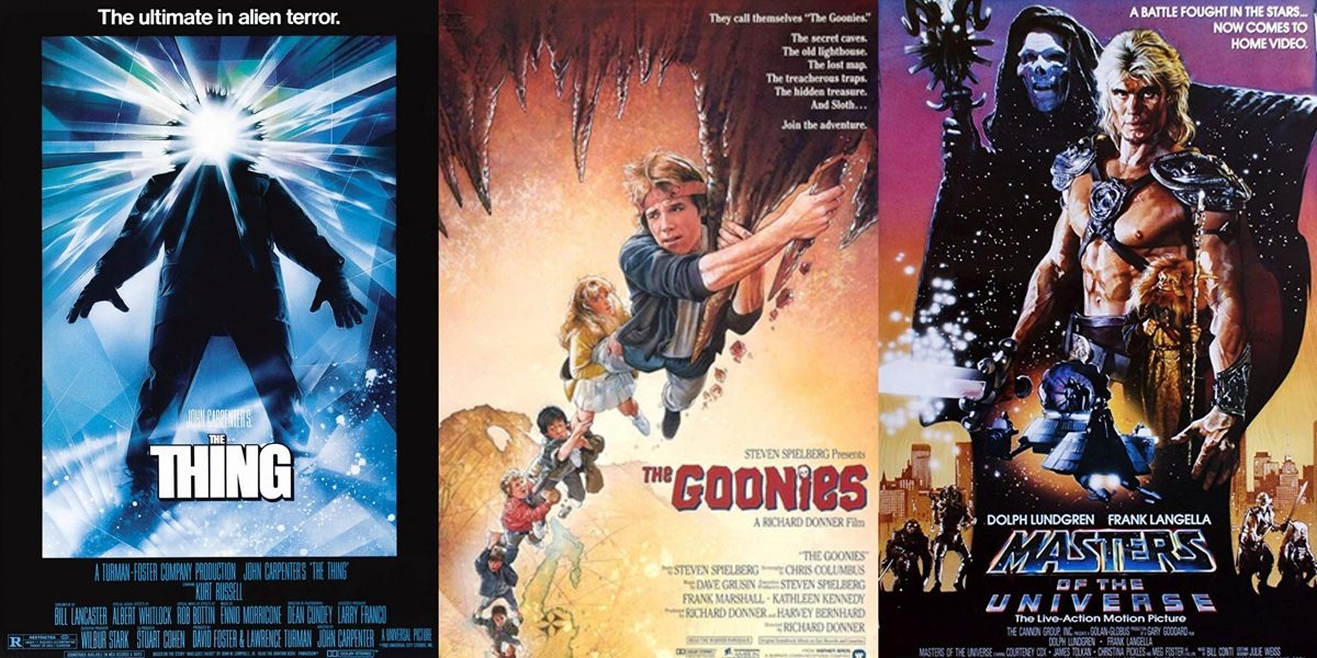 The iconic movies posters by Drew Struzan for The Thing, The Goonies, and Masters of the Universe.