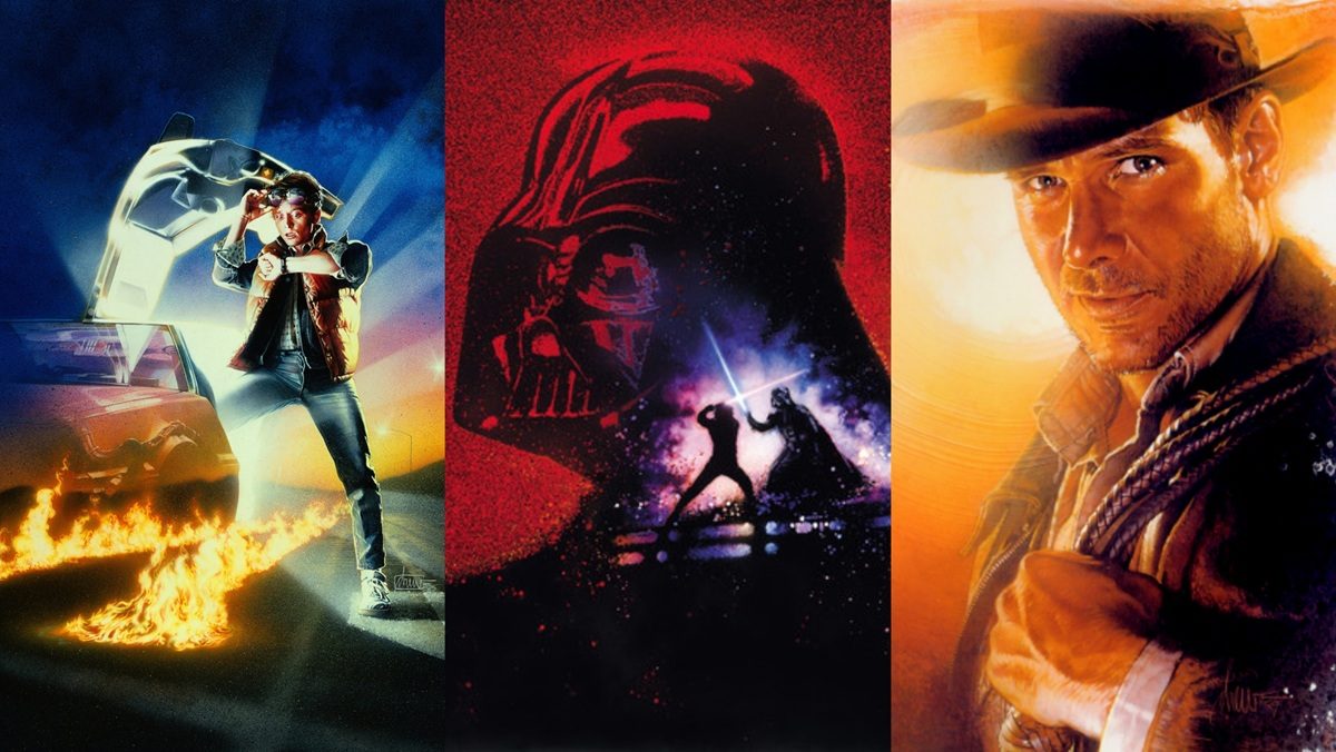 The original movie posters of Drew Struzan for Back to the Future, Revenge of the Jedi, and Indiana Jones and the Last Crusade.