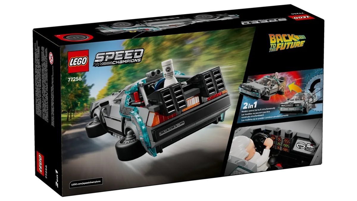 LEGO Back to the Future Time Machine Speed Champions set, back packaging art.
